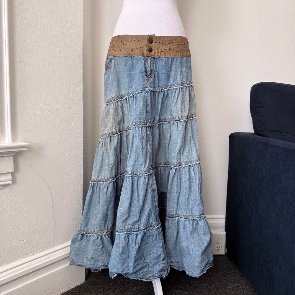 Y2K light blue denim maxi skirt